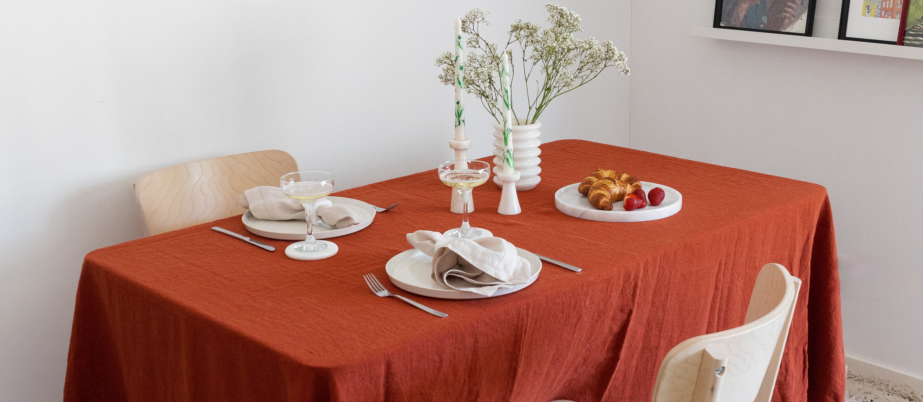Elegant tablescape featuring handcrafted marble decor, linen tablecloth, and napkins from Urban Society Studio, styled for a sophisticated brunch setting.